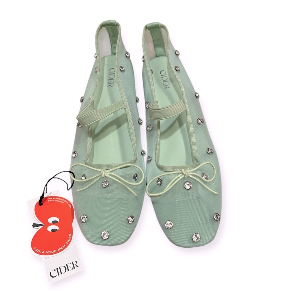 CIDER Crystal- Embellished Green Mesh Mary Jane Ballet Flat w/Bow-Size 10 1/2